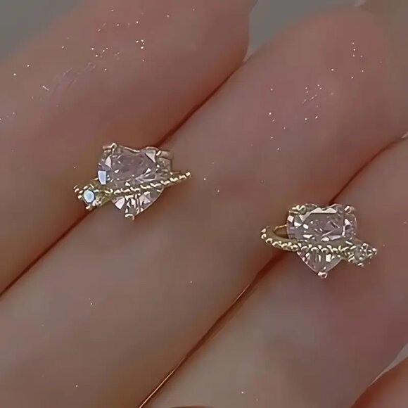 Pink Heart Earrings with Diamond Simulant Accents - Picture 1 of 5
